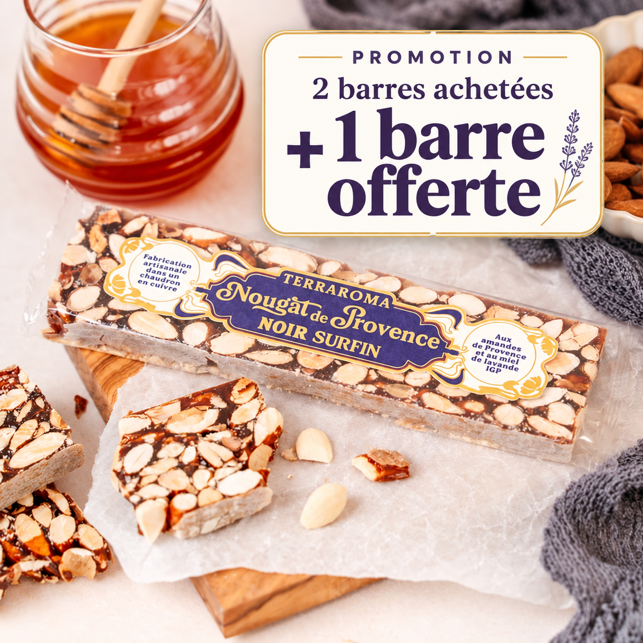 Nougat noir de Provence artisanal – 53% amandes et miel de lavande IGP
