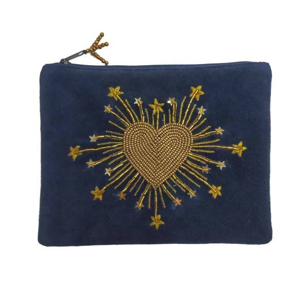 Pochette GM velours Coeur Bleu nuit