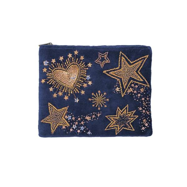 Pochette GM velours Etoiles et coeurs Bleu nuit