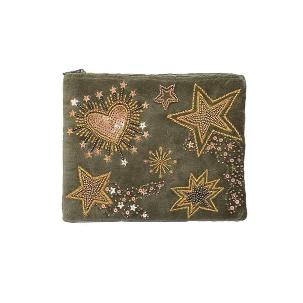 Khaki Velvet Pouch – Golden Constellation & Radiant Heart
