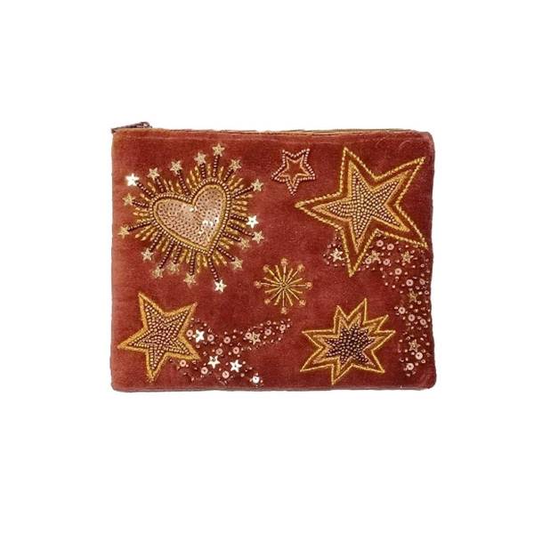Blush Pink Velvet Pouch – Golden Stars & Heart