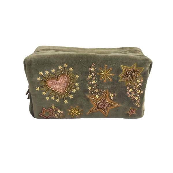 Khaki Velvet Toiletry Bag – Stars & Hearts Embroidery